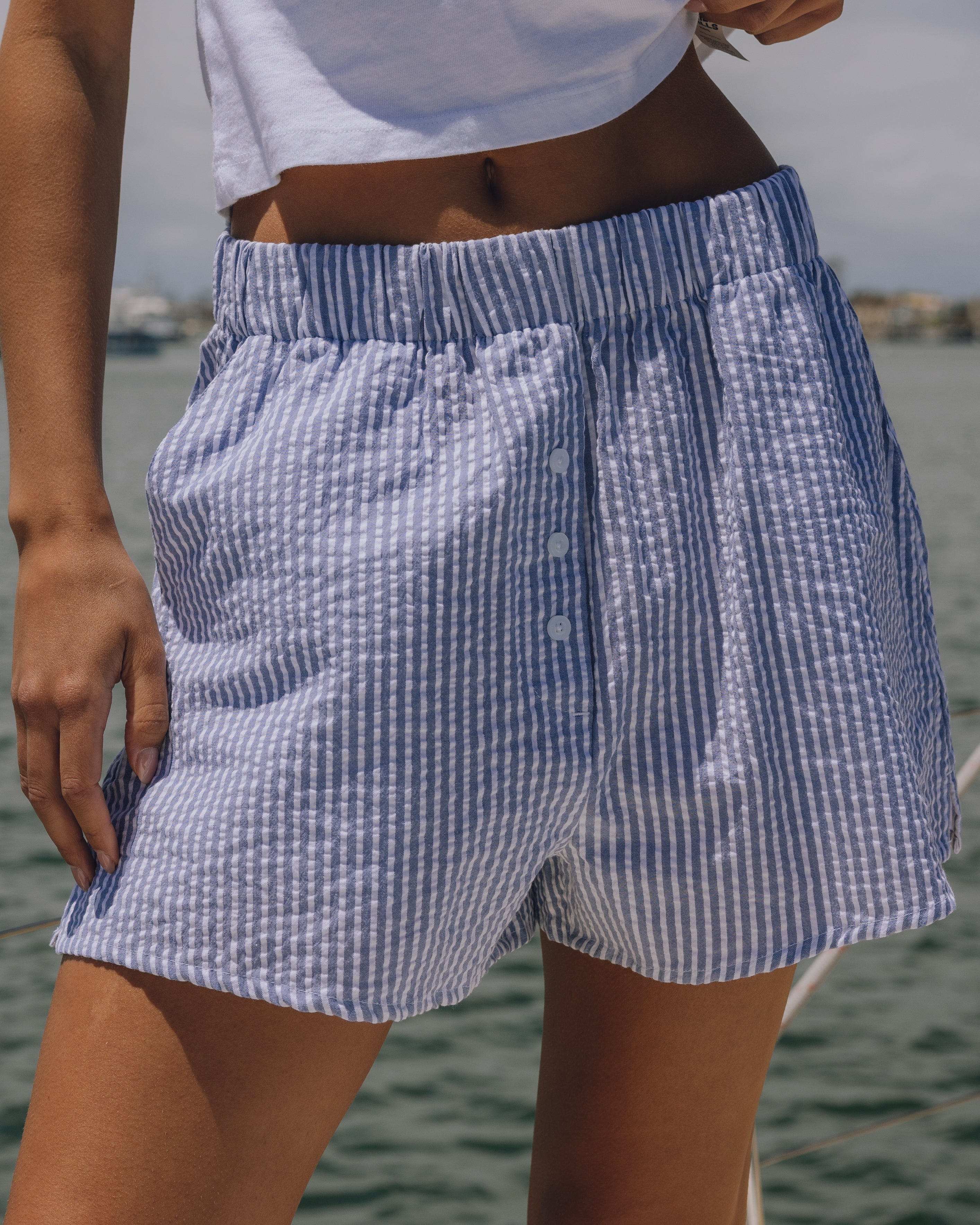 Seersucker Resort Shorts - Light Blue + White Stripe