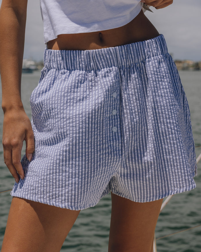 Seersucker Resort Shorts - Light Blue + White Stripe