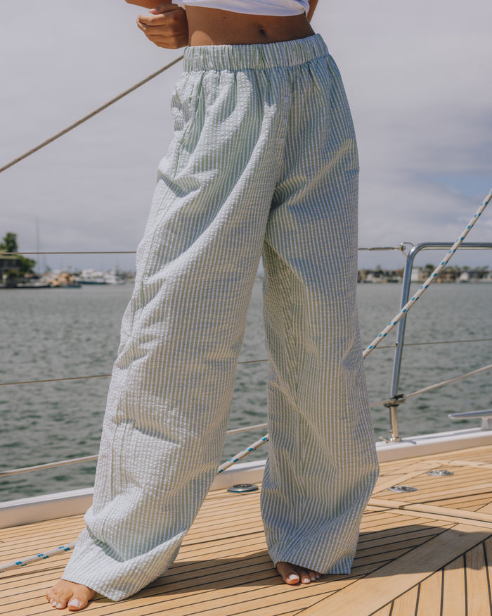 Seersucker Resort Pants - Green + White Stripe