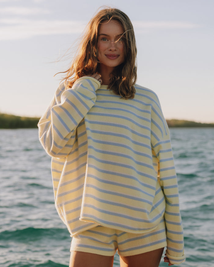 Oversized Cashmere Sweater - Butter + Light Blue Stripe