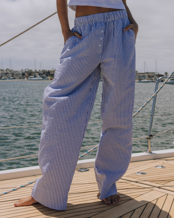 Seersucker Resort Pants - Light Blue + White Stripe