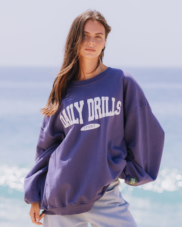 Oversized Sport Crew - Navy with White