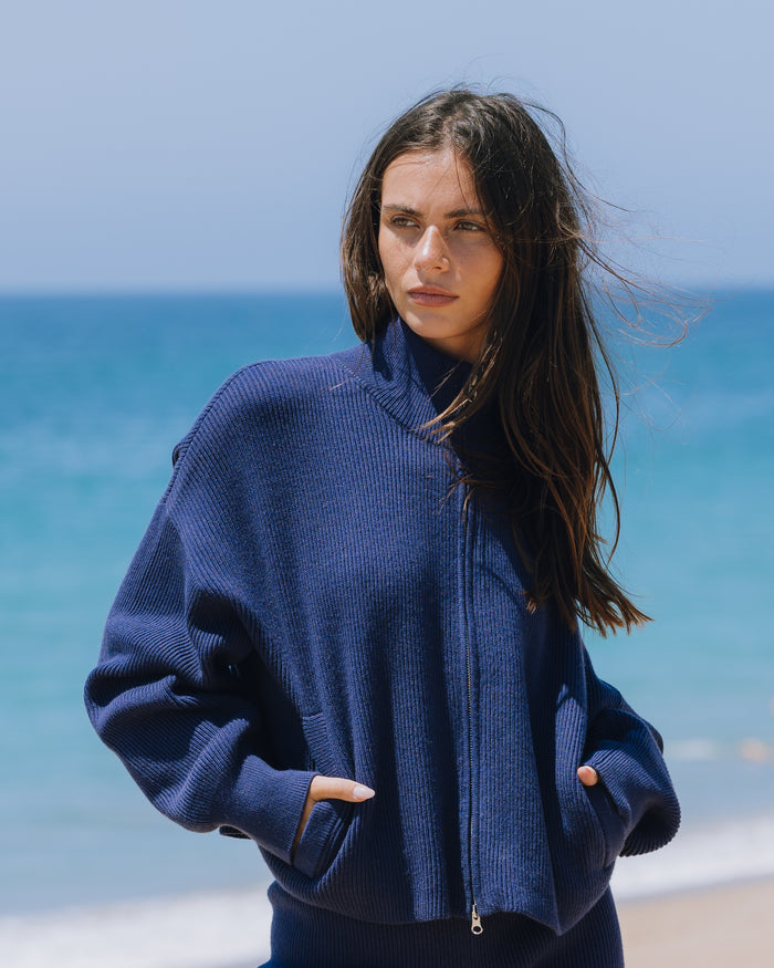 Ribbed Knit Funnel Neck - Navy