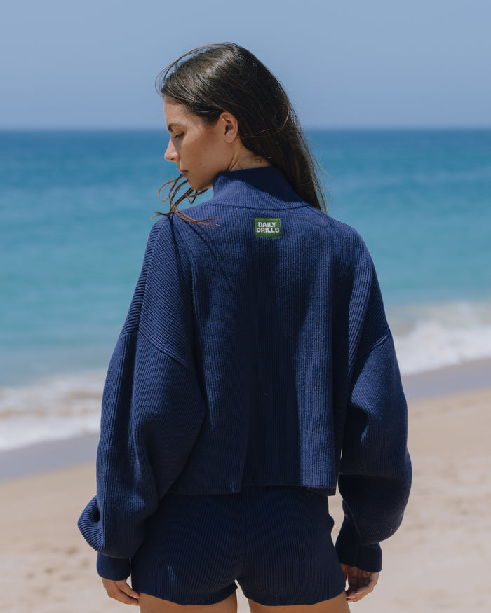 Ribbed Knit Funnel Neck - Navy