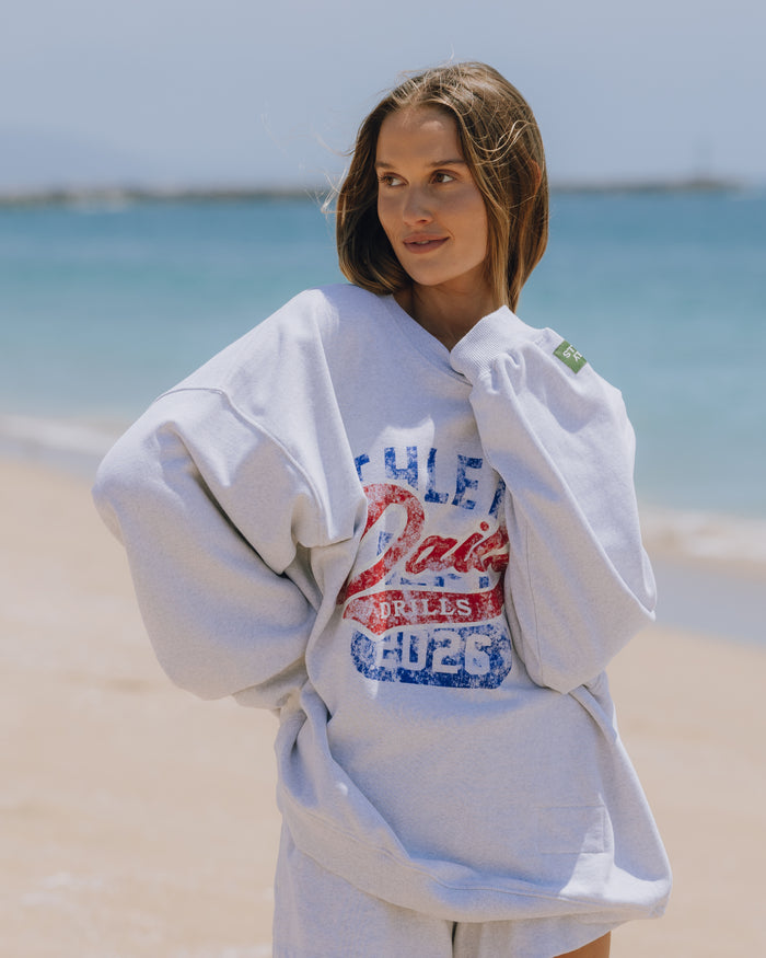 Oversized Fleece Athletics Crew - Heather Grey + Red + Cobalt