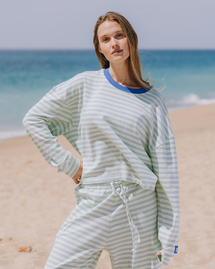 Striped Cotton Long Sleeve - Surf + Lemonade + Cobalt Stripe with Monochrome Patch