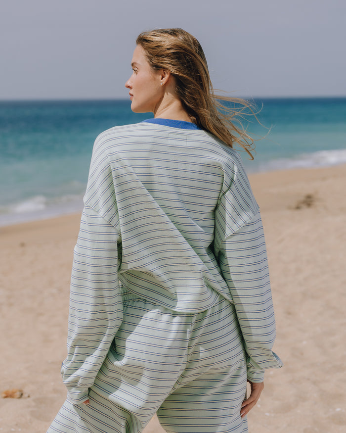 Striped Cotton Long Sleeve - Surf + Lemonade + Cobalt Stripe with Monochrome Patch