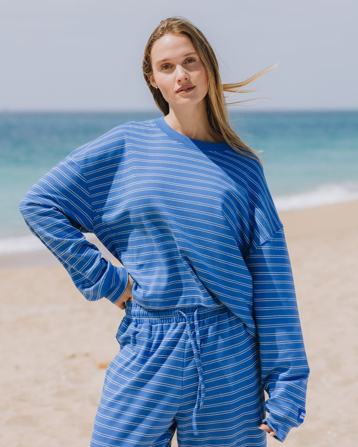 Striped Cotton Long Sleeve - Cobalt + Surf Stripe with Monochrome Patch