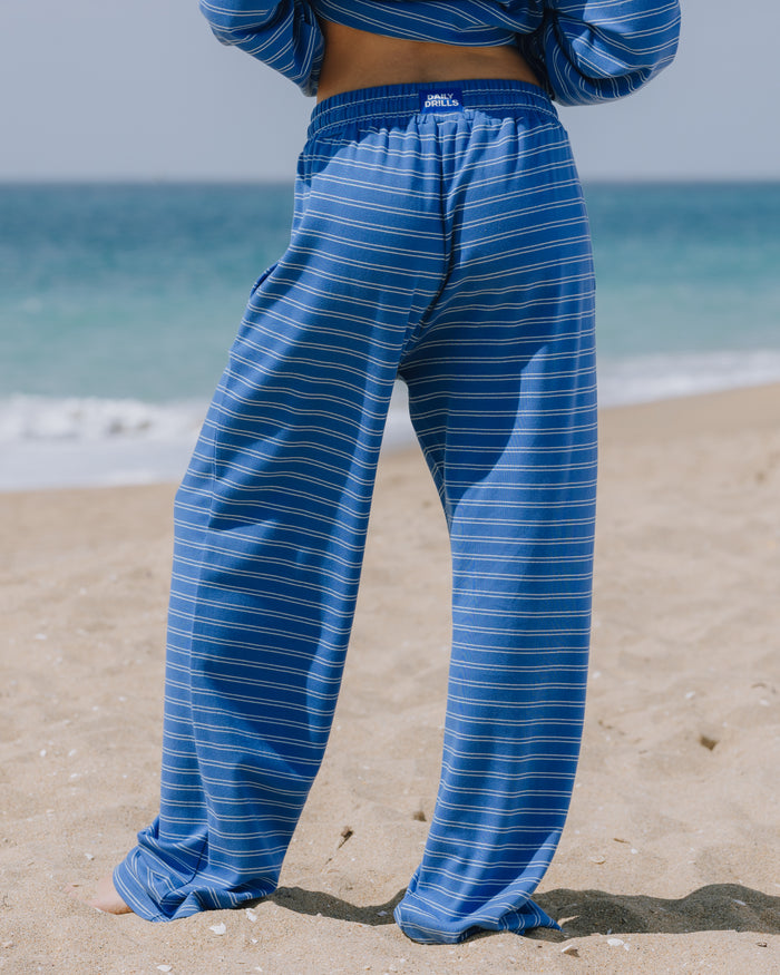 Striped Cotton Pants - Cobalt + Surf Stripe with Monochrome Patch