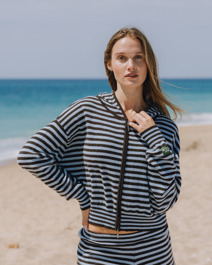 Cashmere Double Zip Hoodie - Powder + Coco Stripe