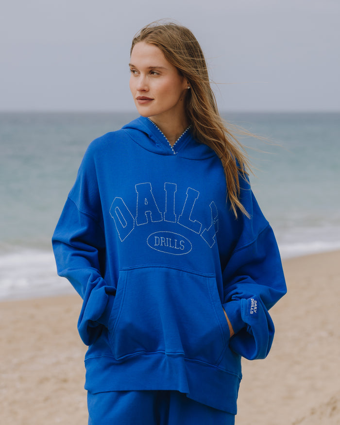 Oversized Daily Hoodie - Cobalt + Surf Stitch with Monochrome Patch