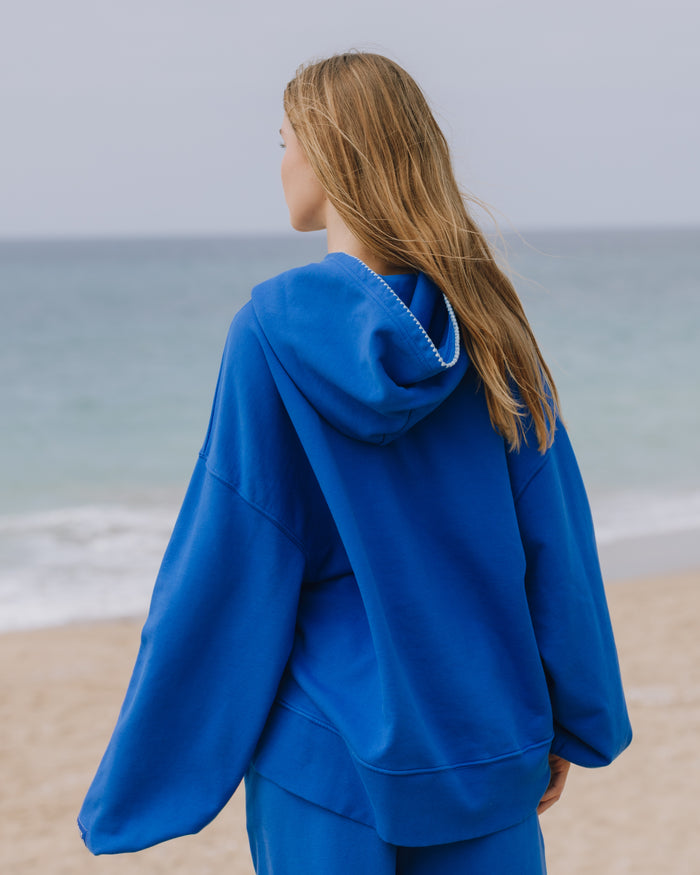 Oversized Daily Hoodie - Cobalt + Surf Stitch with Monochrome Patch