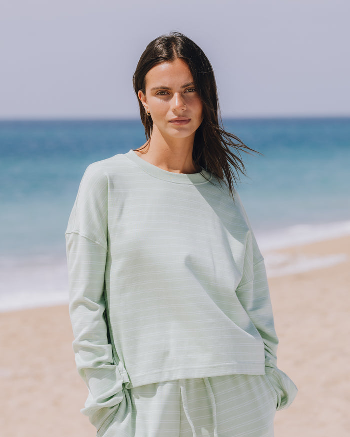 Striped Cotton Long Sleeve - Mint + Lake Day Stripe with Monochrome Patch