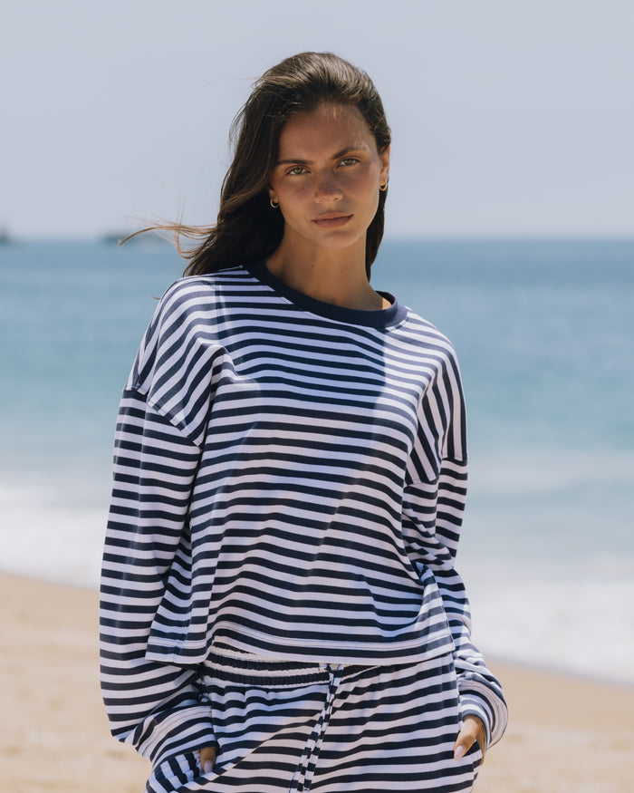 Striped Cotton Long Sleeve - Navy + White Stripe