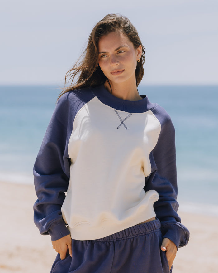 Heavyweight Vintage Raglan Crew - Navy + Sand