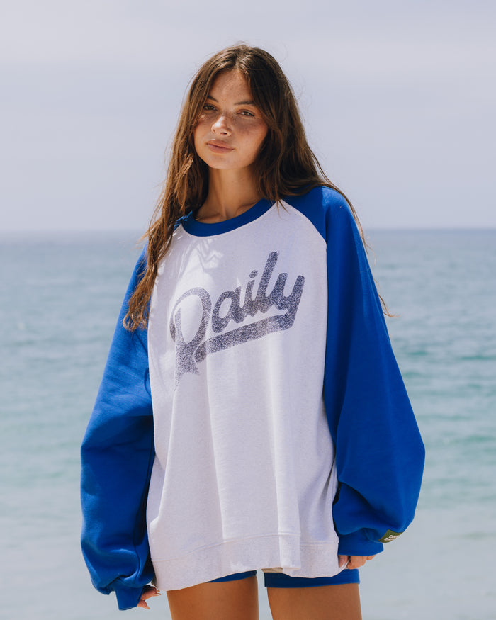 Fleece Raglan Americana Crew - Cobalt + Heather Grey