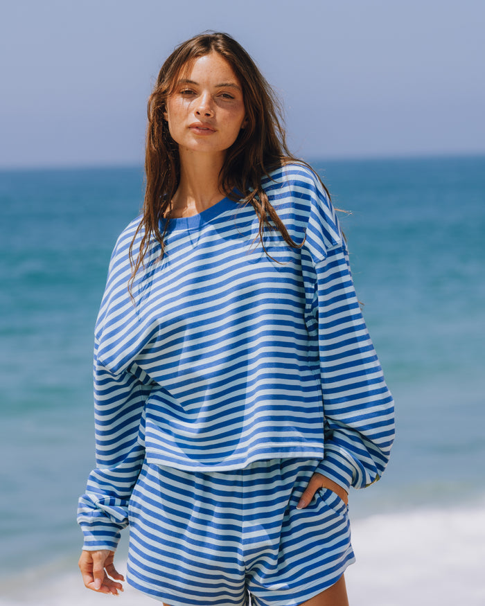 Striped Cotton Long Sleeve - Cobalt + Malibu Stripe
