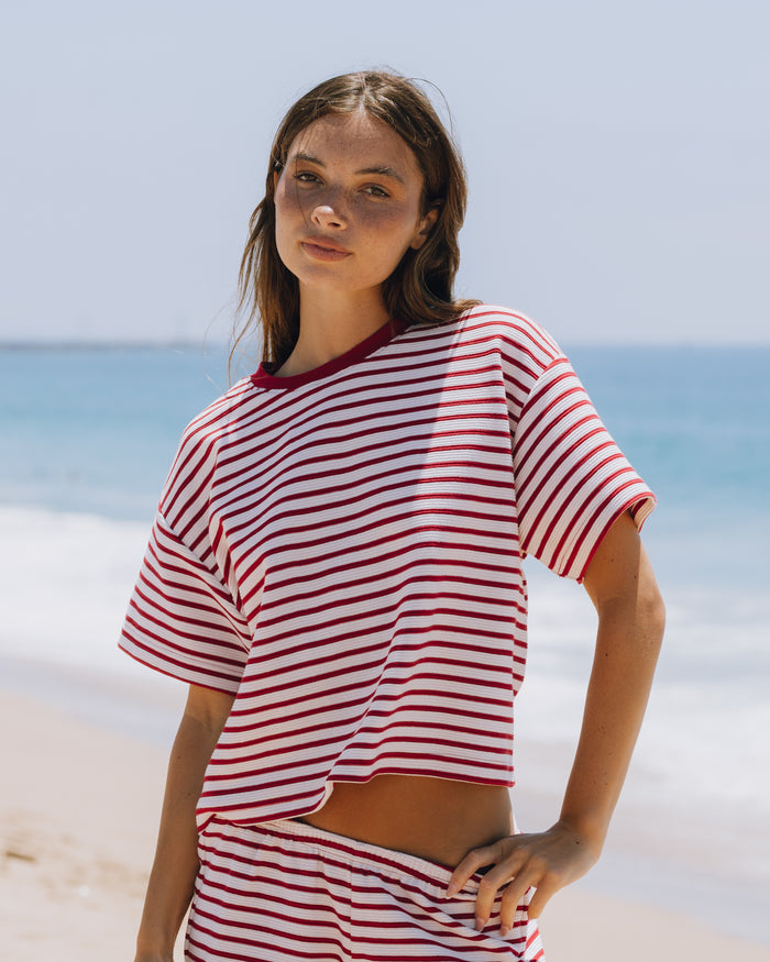 Striped Ribbed Relaxed Tee - Vintage Red + Cupid + Cream Stripe