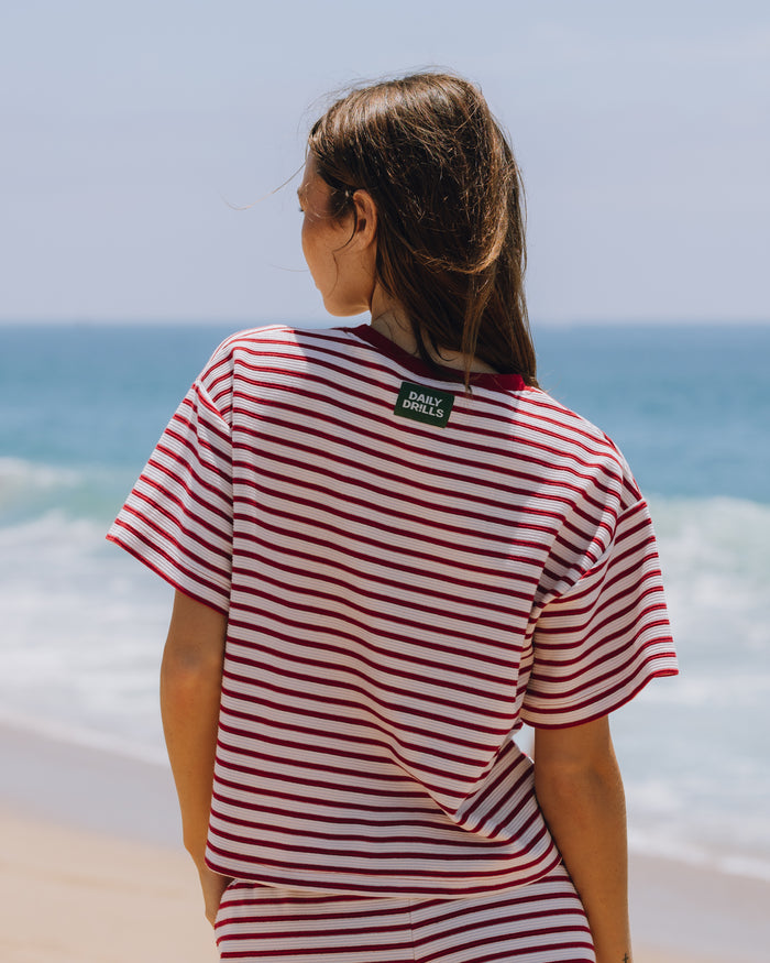 Striped Ribbed Relaxed Tee - Vintage Red + Cupid + Cream Stripe