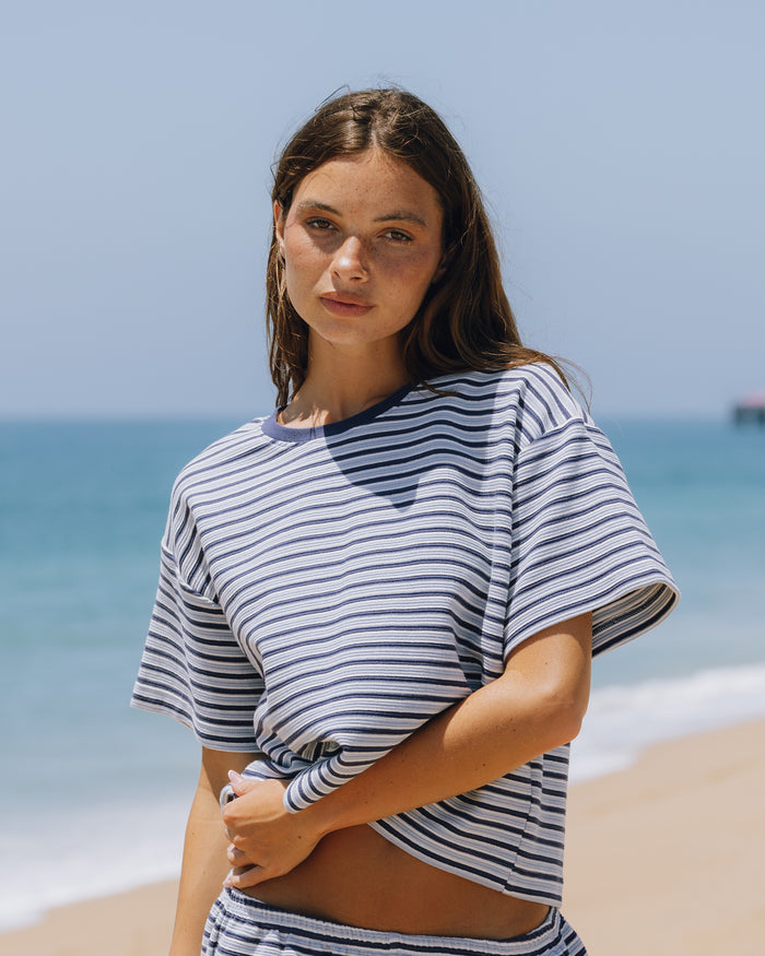 Striped Ribbed Relaxed Tee - Navy + Powder + Cream Stripe