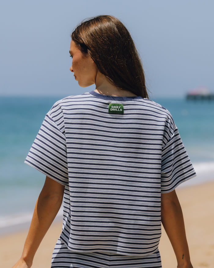 Striped Ribbed Relaxed Tee - Navy + Powder + Cream Stripe