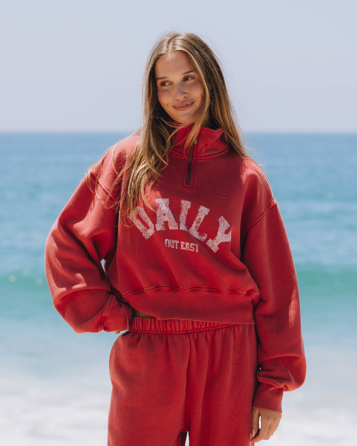 Heavyweight Funnel Neck Daily Quarter Zip - Sunbleached Vintage Red