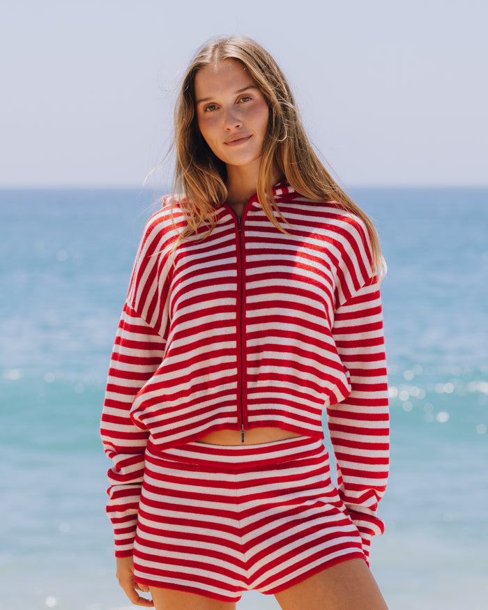 Cashmere Double Zip Hoodie - Red + White Stripe