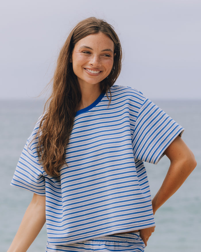 Striped Ribbed Relaxed Tee - Powder + Cobalt + Cream Stripe