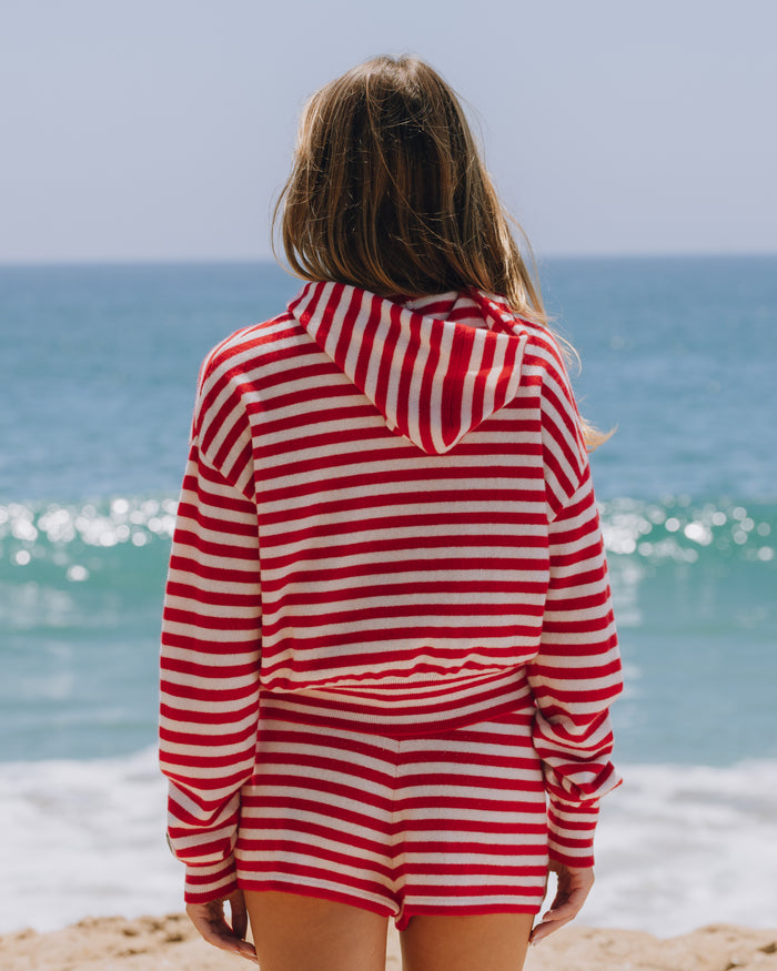 Cashmere Double Zip Hoodie - Red + White Stripe