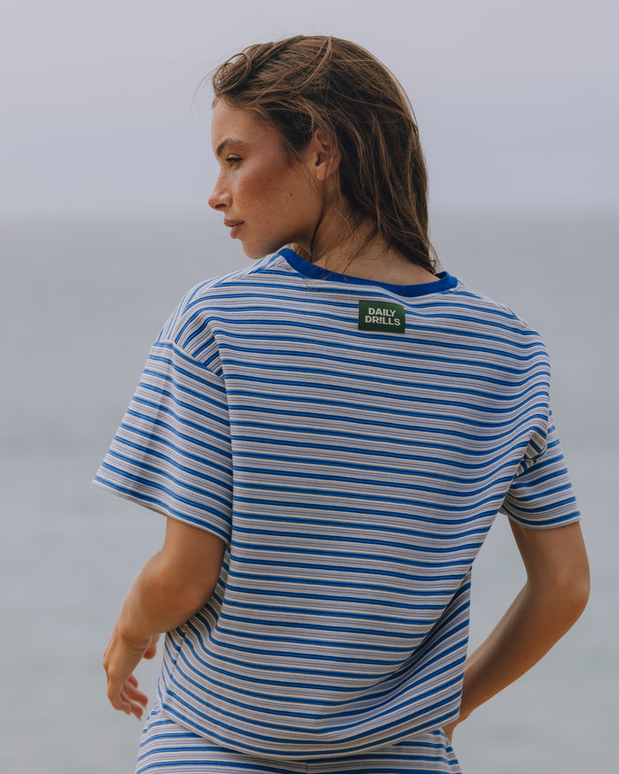 Striped Ribbed Relaxed Tee - Powder + Cobalt + Cream Stripe