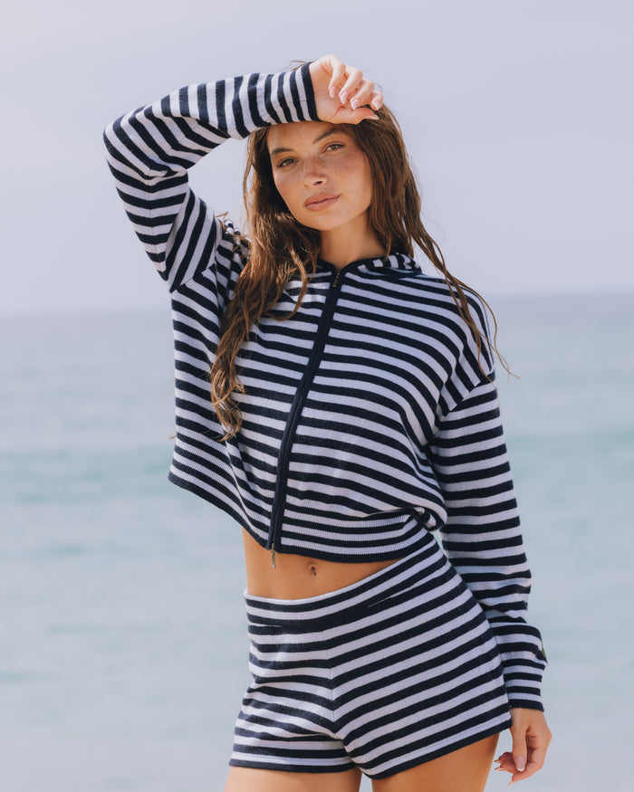 Cashmere Double Zip Hoodie - Navy + Powder Stripe
