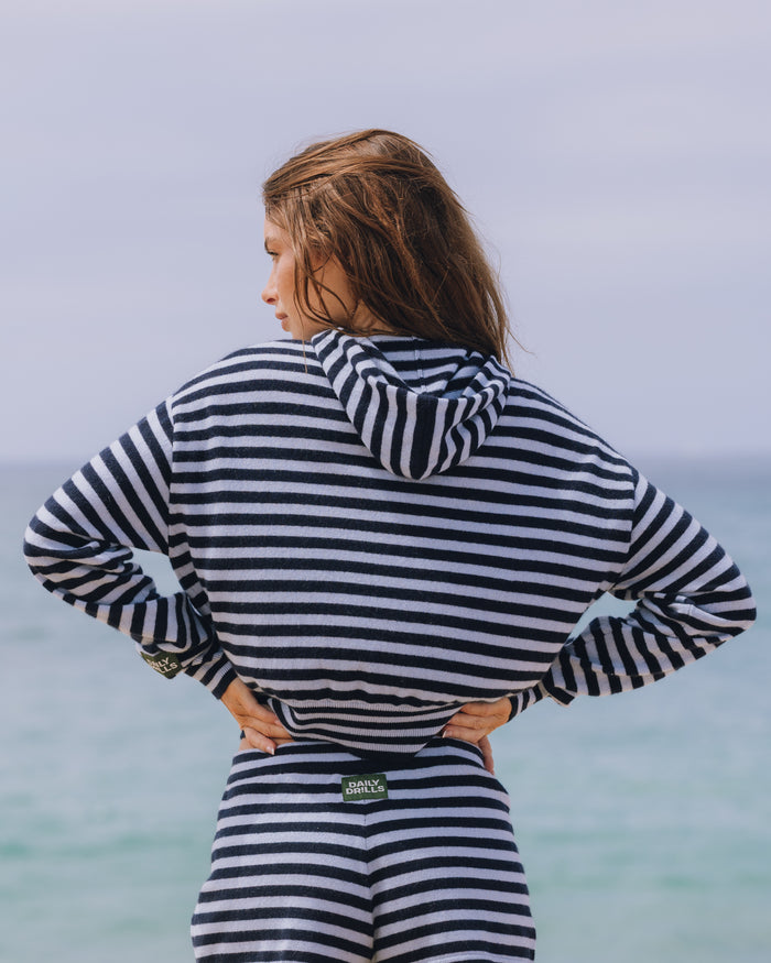 Cashmere Double Zip Hoodie - Navy + Powder Stripe