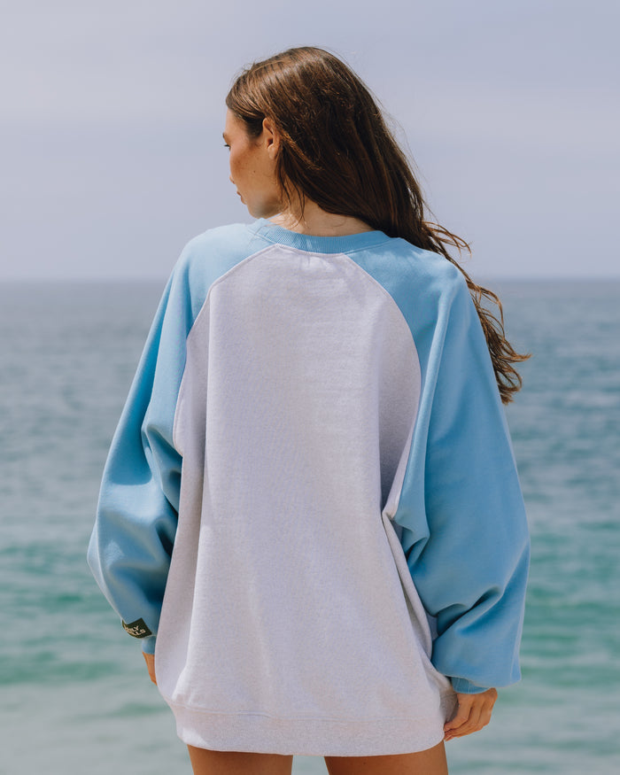 Fleece Raglan Americana Crew - Malibu + Heather Grey