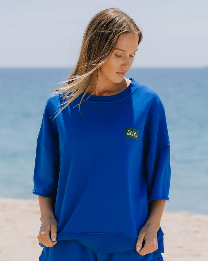 Cropped Sleeve Patch Crew - Cobalt