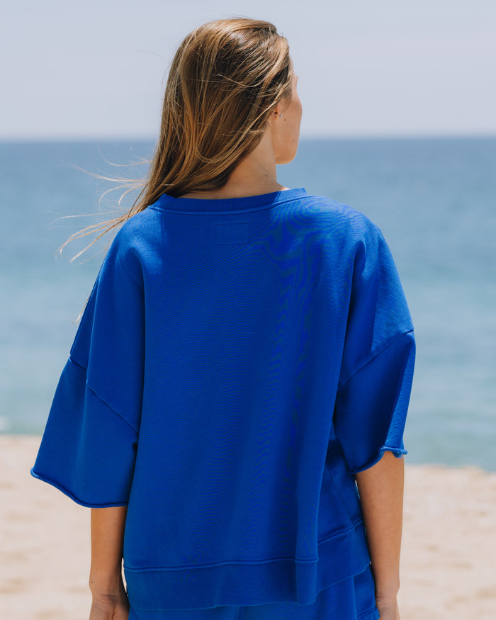 Cropped Sleeve Patch Crew - Cobalt