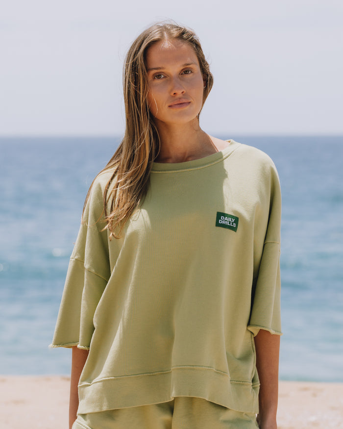 Cropped Sleeve Patch Crew - Matcha