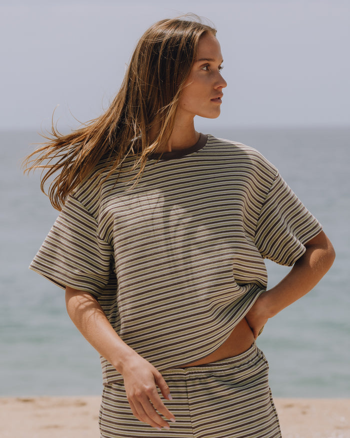 Striped Ribbed Relaxed Tee - Matcha + Mocha + Cream Stripe