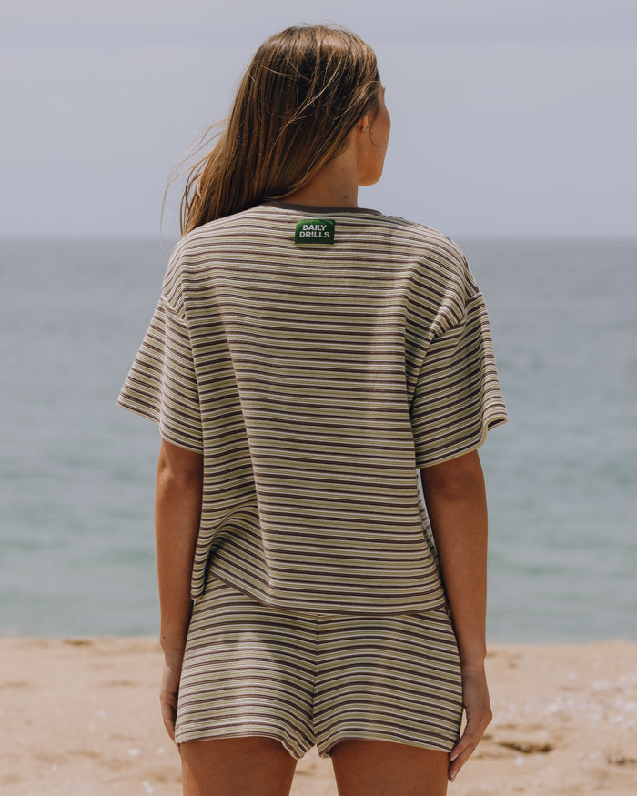 Striped Ribbed Relaxed Tee - Matcha + Mocha + Cream Stripe