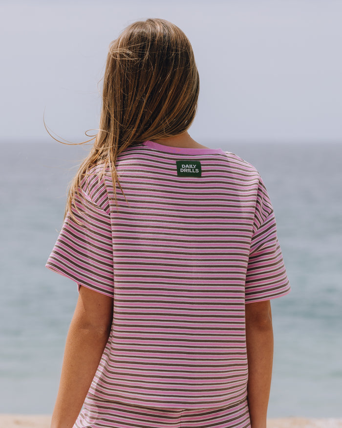 Striped Ribbed Relaxed Tee - Taffy + Mocha + Cream Stripe