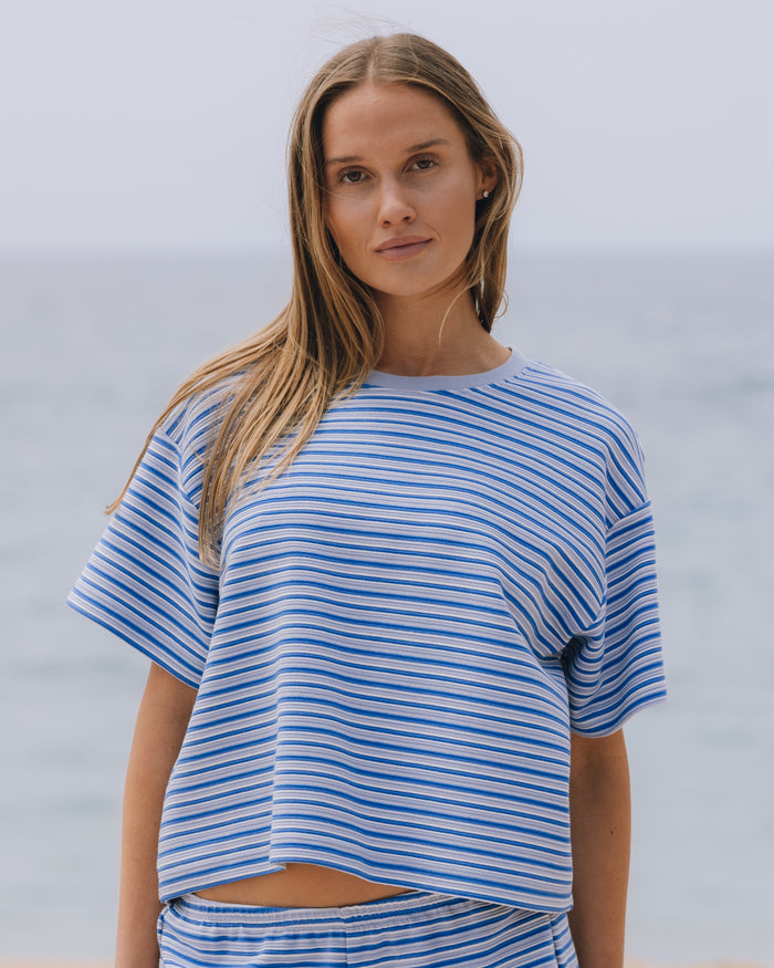 Striped Ribbed Relaxed Tee - Powder + Cobalt + Cream Stripe