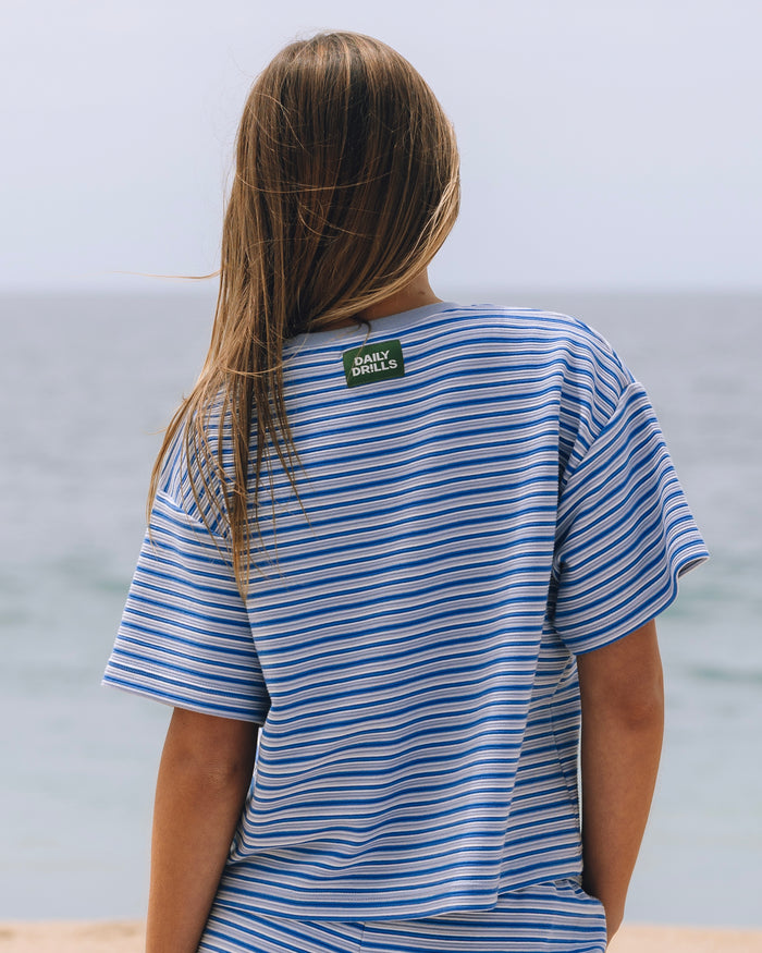 Striped Ribbed Relaxed Tee - Powder + Cobalt + Cream Stripe