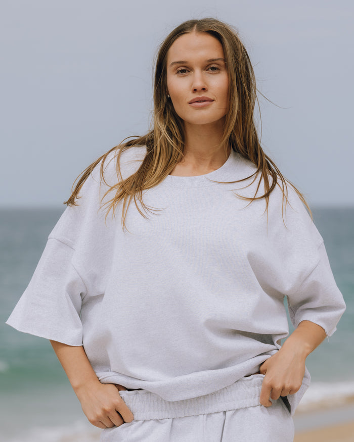 Fleece Cropped Sleeve Crew - Heather Grey