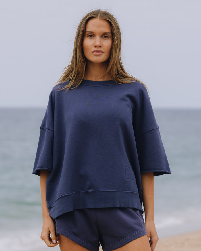 Cropped Sleeve Crew - Navy