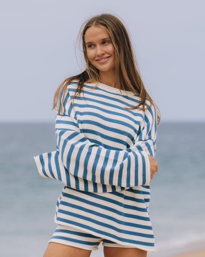 Beach Knit Oversized Sweater - Cabana + White Stripe