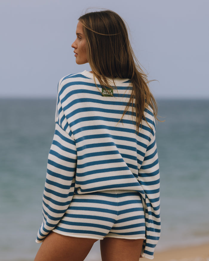 Beach Knit Oversized Sweater - Cabana + White Stripe