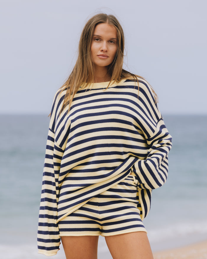 Beach Knit Oversized Sweater - Navy + Lemonade Stripe