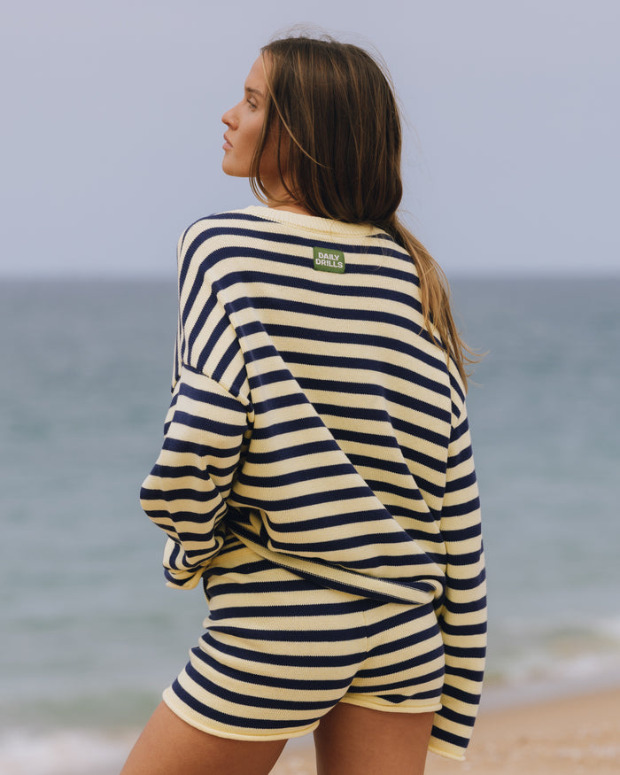 Beach Knit Oversized Sweater - Navy + Lemonade Stripe