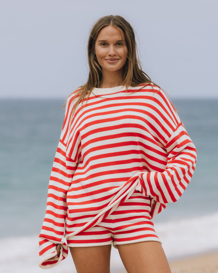 Beach Knit Oversized Sweater - Heart + White Stripe