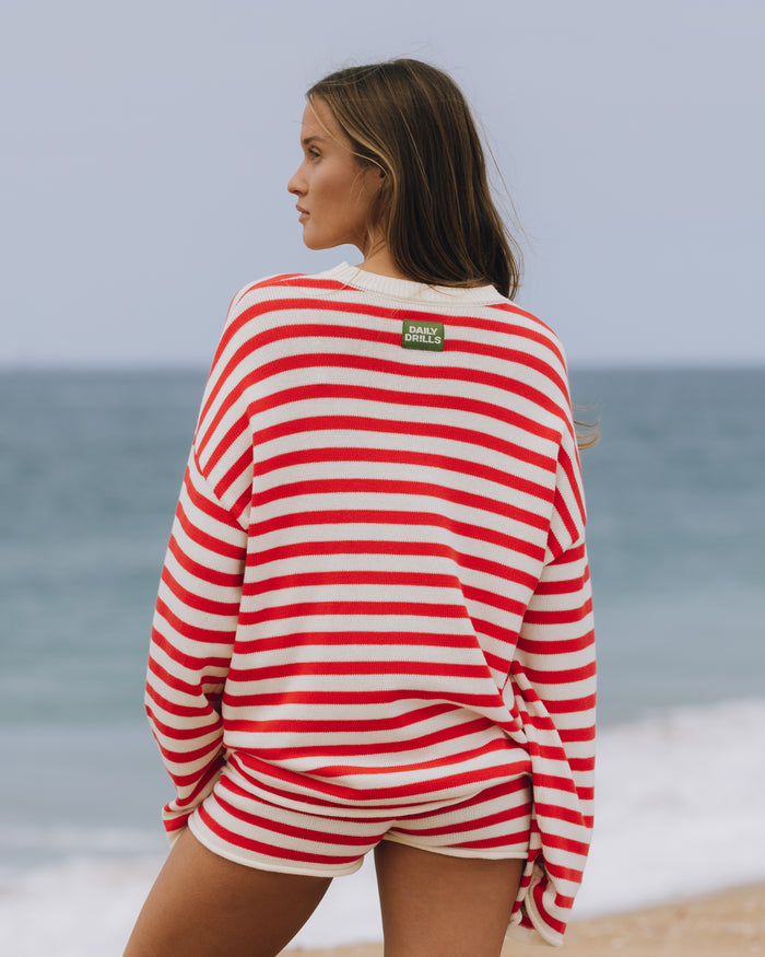 Beach Knit Oversized Sweater - Heart + White Stripe
