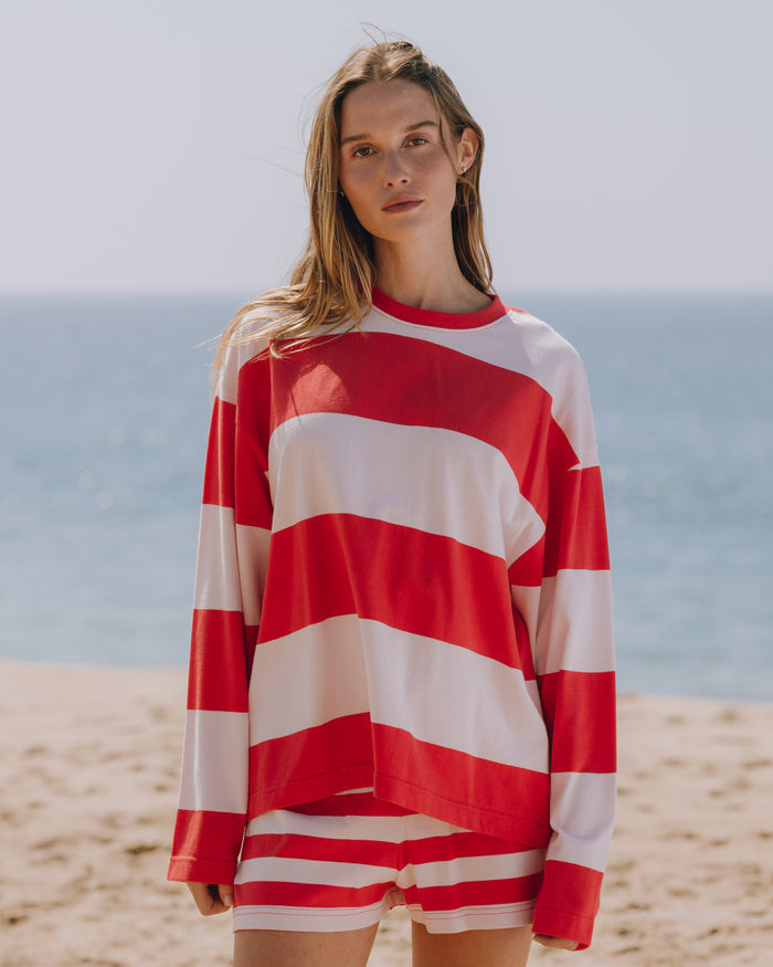 Oversized Long Sleeve - Heart + Pale Pink Stripe
